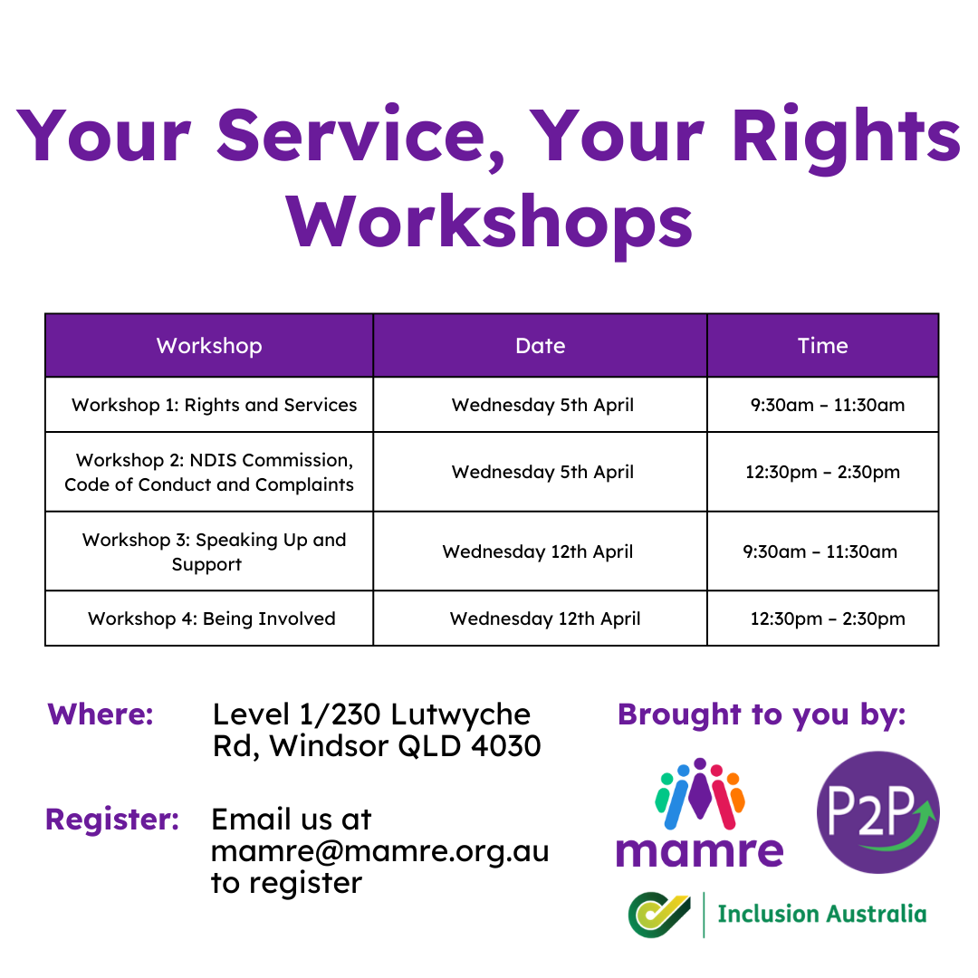 A flyer for Mamre's your service your rights workshop with dates of april 5 and april 14 listed