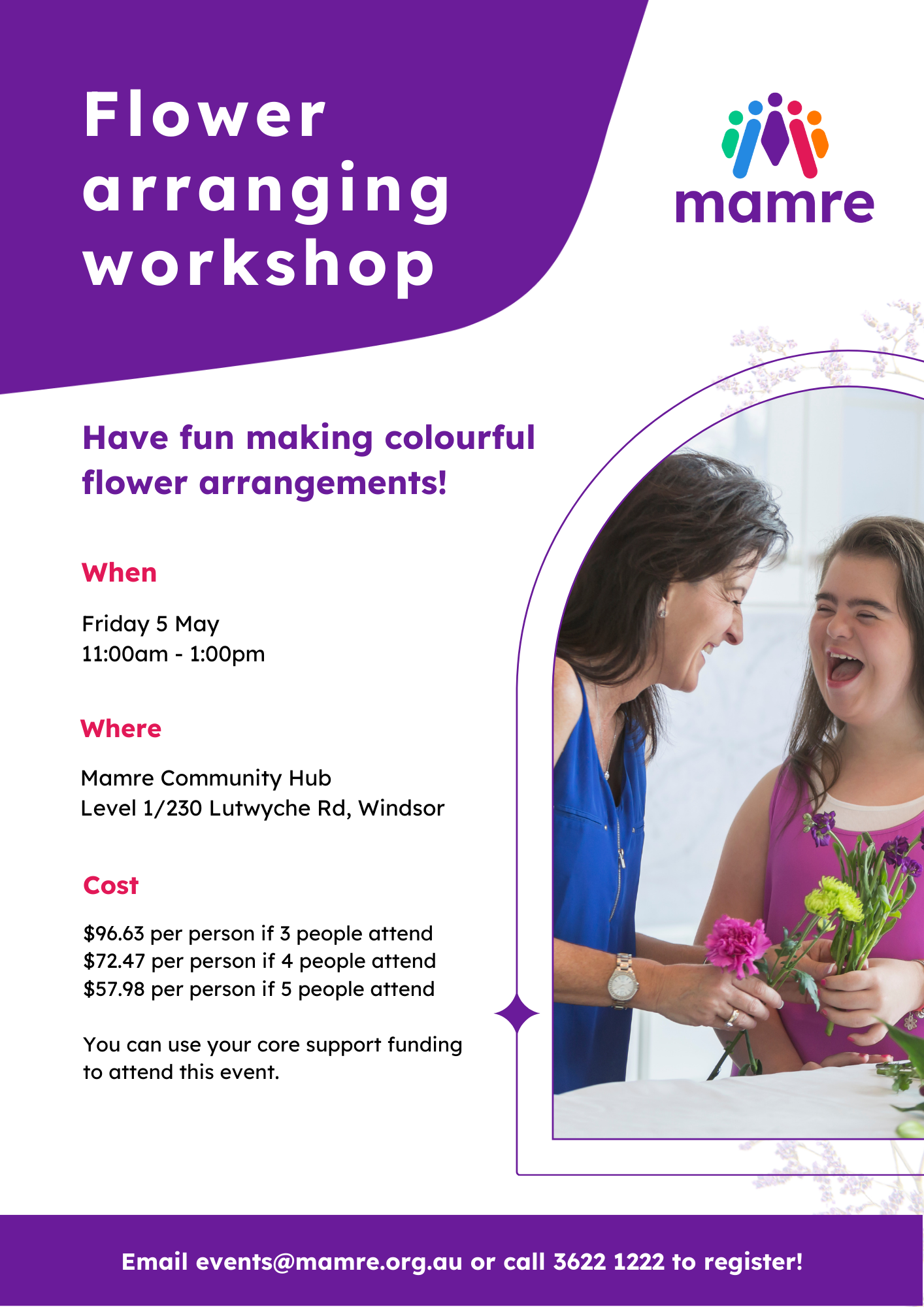 Flower arranging workshop may 2023. Two women smile while holding flowers