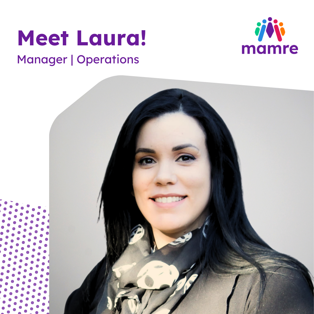 Laura smiling. Text in the top left reads Meet Laura Manager Operations. Mamre logo in top right corner.