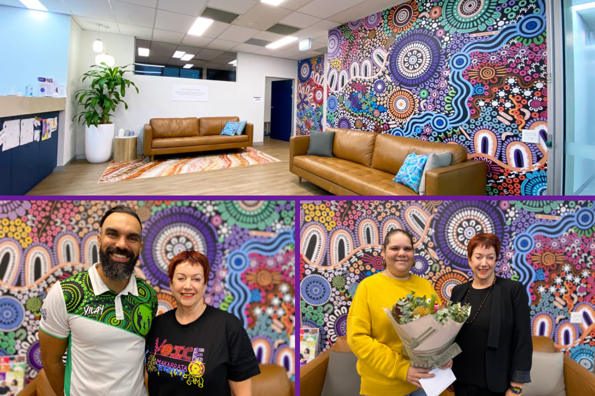 Top image: Mamre reception area Bottom left: Jillian Paull with Jesse Green from Yilay Bottom right: Jillian Paull with Leah Cummins from Bunya Designs