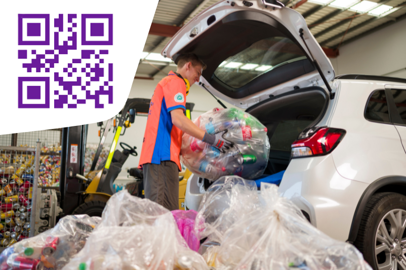 A man loading bags of bottles and cans into the trunk of a white car. In the top left is Mamre's Containers for Change QR code.