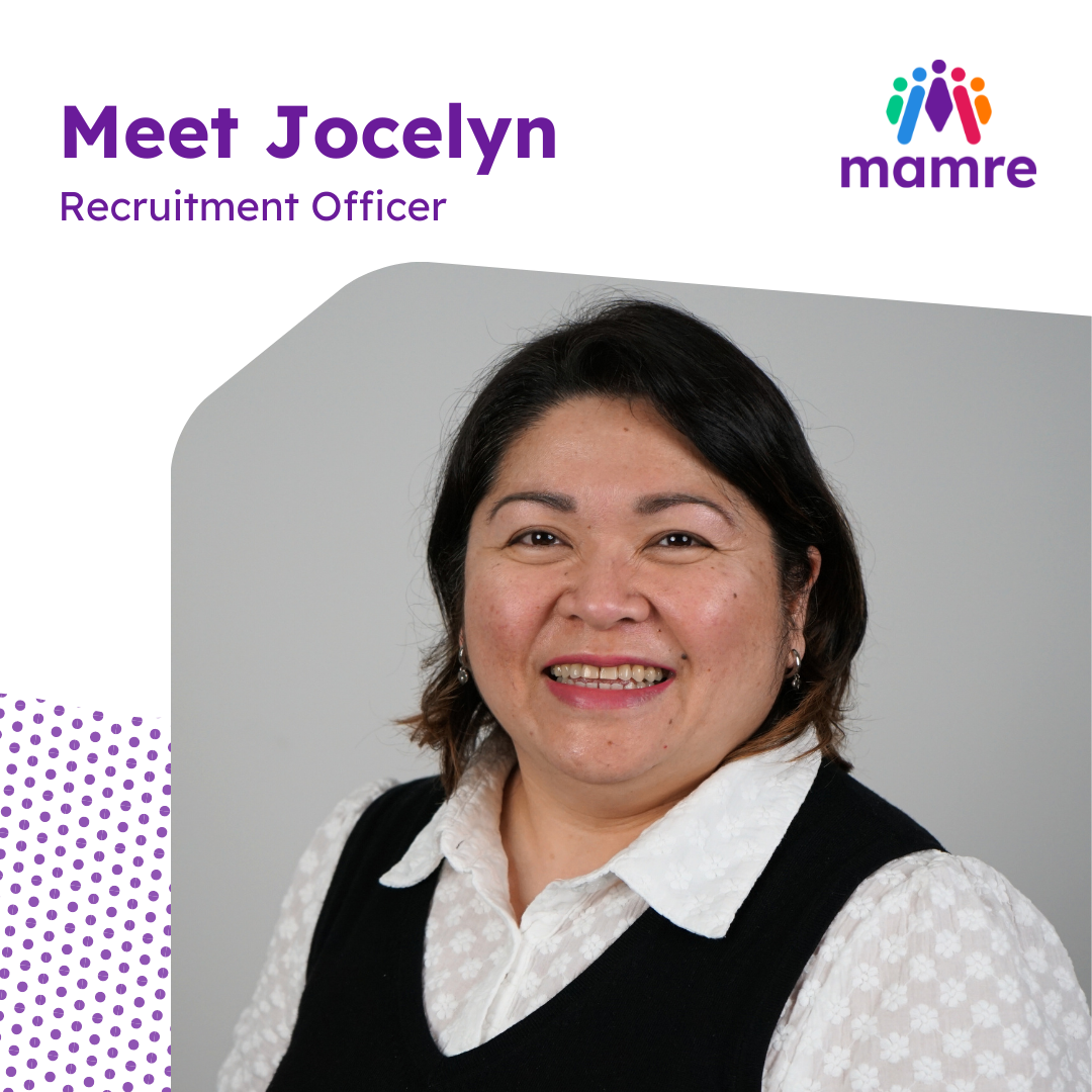Jocelyn smiling. Text in top left reads "Meet Jocelyn Recruitment Officer". Mamre logo in top right.
