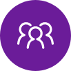An purple icon with a white outline of three people hundled closely together