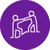 An purple icon with a white outline of one person helping another person up a hill
