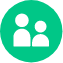 A round green icon with a white outline of two people in the middle