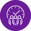 An purple icon with a white outline of three people with a clock in the background
