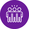 An purple icon with a white outline of three people