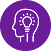 An purple icon with a white outline of a head with a lightbulb